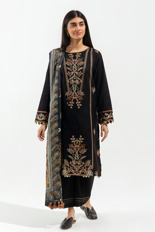 3 PIECE - EMBROIDERED  KHADDAR SUIT - ANTIQUE BLACK